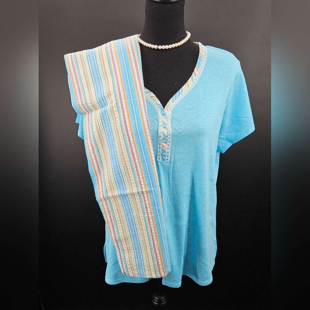 Villager by Liz Claiborne sz L BLUE STRIPED Short Sleeve PJ Pajama Sleepwear SET